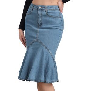 Denim Jean Skirt High Waist Bodycon Ruffles Fishtail Skirts Light Blue
